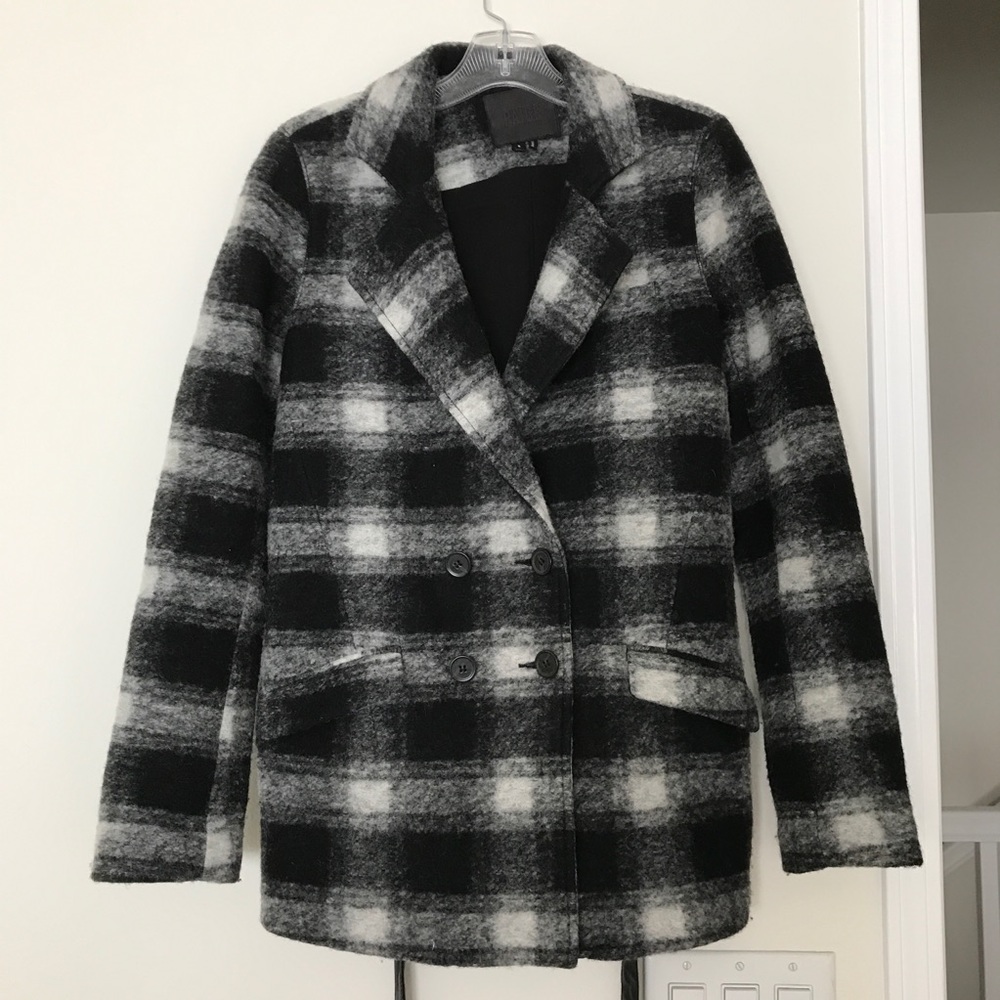 PAIGE Black and White Plaid Double-Breasted Wool Coat